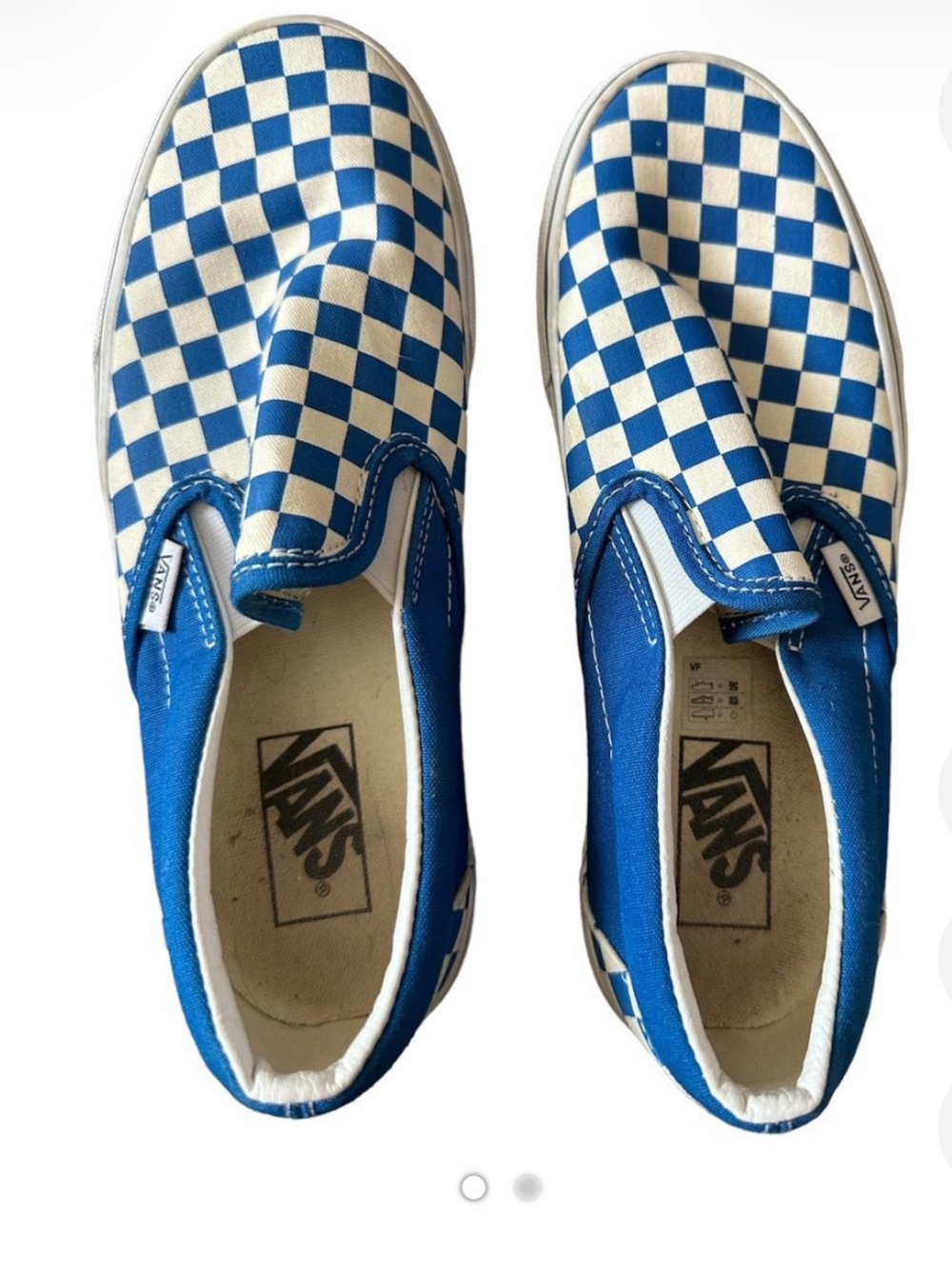 Vans Women’s Blue and White Checkerboard Slip-On Sneakers